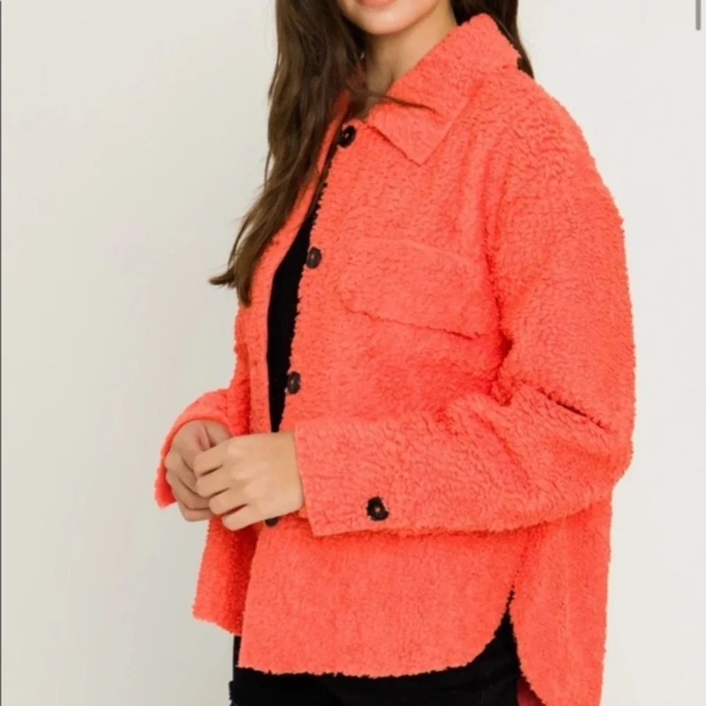 Endless Rose Teddy Shacket, Coral Colored, Size Large, Button Up, Side Slits - Picture 2 of 13